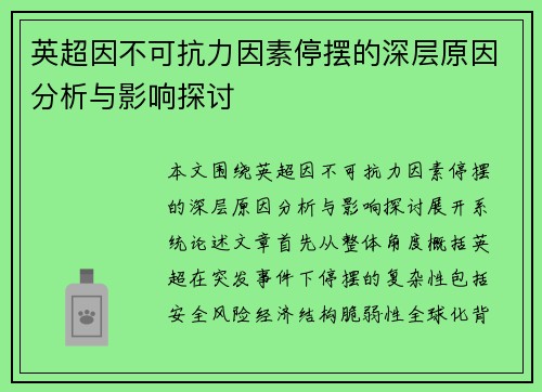 英超因不可抗力因素停摆的深层原因分析与影响探讨