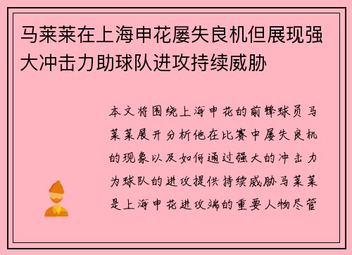 马莱莱在上海申花屡失良机但展现强大冲击力助球队进攻持续威胁